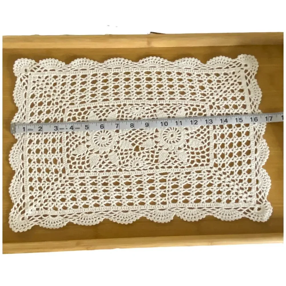 Vintage Handmade Crochet Lace Floral Rectangle Placemat 17x11in Cotton Scalloped